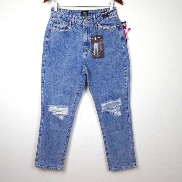 Rhinestone Trim Jeans Simple Society Size 7 Blue Distressed Denim Cropped - Picture 1 of 10